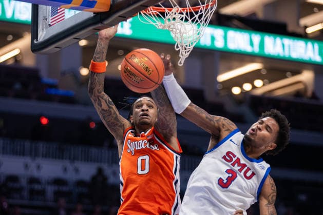 March 10, 2026: SMU Mustangs forward Corey Washington (3) knocks the ball away from Syracuse Orange forward Sadiq White Jr. (0) during the first half of the 2025 ACC Men s Baskeetball Championship at Spectrum Center in Charlotte, NC. ( ) Charlotte United States - ZUMAc04_ 20260310_zma_c04_146 Copyright: xScottxKinserx