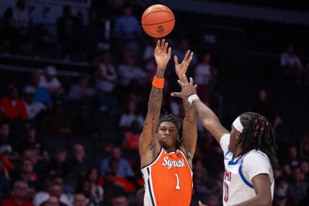 March 10, 2026: Syracuse Orange forward Donnie Freeman (1) shoots the ball against the SMU Mustangs during the first half of the 2025 ACC Men s Baskeetball Championship at Spectrum Center in Charlotte, NC. ( ) Charlotte United States - ZUMAc04_ 20260310_zma_c04_174 Copyright: xScottxKinserx