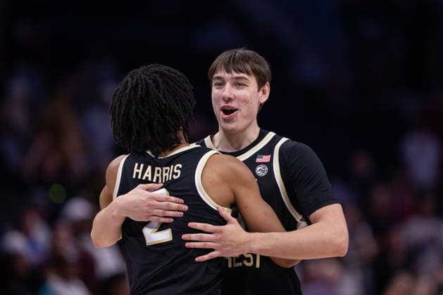 March 10, 2026: Wake Forest Demon Deacons forward Cooper Schwieger (13) celebrates with forward Juke Harris (2) after defeating Virginia Tech Hokies in overtime of the 2025 ACC Men s Baskeetball Championship at Spectrum Center in Charlotte, NC. ( ) Charlotte United States - ZUMAc04_ 20260310_zma_c04_180 Copyright: xScottxKinserx