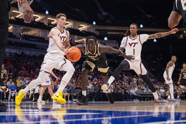 March 10, 2026: Virginia Tech Hokies guard Neoklis Avdalas (17) and Wake Forest Demon Deacons forward Omaha Biliew (0) chase a loose ball during the first half of the 2025 ACC Men s Baskeetball Championship at Spectrum Center in Charlotte, NC. ( ) Charlotte United States - ZUMAc04_ 20260310_zma_c04_182 Copyright: xScottxKinserx