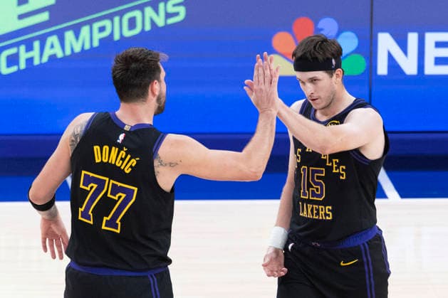 March 10, 2026, Los Angeles, California, USA: Los Angeles LakersÃ¢â‚¬â ¢ Austin Reaves (15) celebrates with Luka DonÄÂiÄ¡ (77) after hitting a 3-point shot against the Minnesota Timberwolves during an NBA, Basketball Herren, USA basketball game at Crypto.com Arena on Tuesday, March 10, 2026 in Los Angeles. NBA 2026: Timberwolves Vs Lakers  - ZUMAc68_ 20260310_zaf_c68_049 Copyright: xRingoxChiux