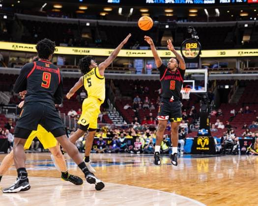March 10, 2026, Chicago, Illinois, USA: Maryland men s basketball player DAVID COIT shoots a three-pointer during the first round game of the Big Ten Men s Basketball Tournament against Oregon at the United Center. Chicago USA - ZUMAw173 20260310_zsp_w173_005 Copyright: xLukexWelshx