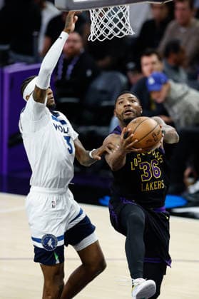 LOS ANGELES, CA - MARCH 10: Los Angeles Lakers guard Marcus Smart (36) drives to the basket during the Minnesota Timberwolves vs Los Angeles Lakers game on March 10, 2026, at Crypto.com Arena in Los Angeles, CA. (Photo by Jevone Moore Icon Sportswire) NBA, Basketball Herren, USA MAR 10 Minnesota Timberwolves at Los Angeles Lakers EDITORIAL USE ONLY Icon20260310018
