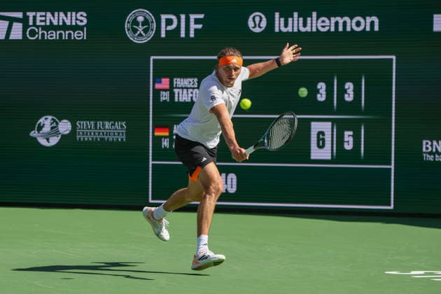 INDIAN WELLS, CA - MARCH 10: Alexander Zverev (GER) hits a backhand during the BNP Paribas Open on March 10, 2026 at Indian Wells Tennis Garden in Indian Wells, CA. (Photo by George Walker Icon Sportswire) TENNIS: MAR 10 BNP Paribas Open EDITORIAL USE ONLY Icon260310109