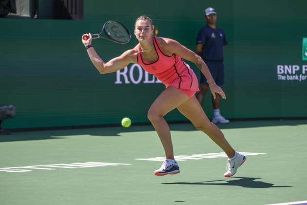 INDIAN WELLS, CA - MARCH 10: Aryna Sabalenka hits a forehand during the BNP Paribas Open on March 10, 2026 at Indian Wells Tennis Garden in Indian Wells, CA. (Photo by George Walker Icon Sportswire) TENNIS: MAR 10 BNP Paribas Open EDITORIAL USE ONLY Icon260310058