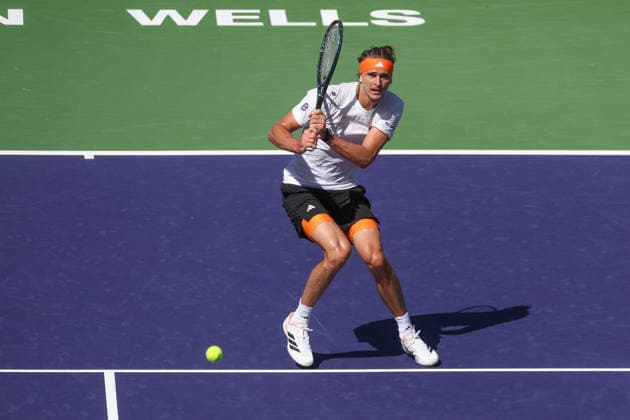 INDIAN WELLS, CA - MARCH 10: Alexander Zverev (GER) hits a backhand during the BNP Paribas Open on March 10, 2026 at Indian Wells Tennis Garden in Indian Wells, CA. (Photo by George Walker Icon Sportswire) TENNIS: MAR 10 BNP Paribas Open EDITORIAL USE ONLY Icon260310096