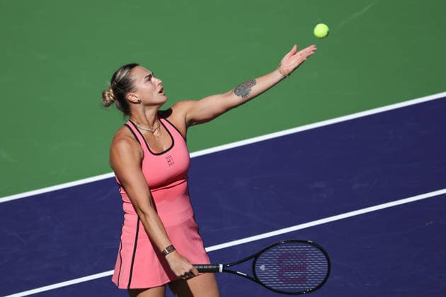 INDIAN WELLS, CA - MARCH 10: Aryna Sabalenka serves during the BNP Paribas Open on March 10, 2026 at Indian Wells Tennis Garden in Indian Wells, CA. (Photo by George Walker Icon Sportswire) TENNIS: MAR 10 BNP Paribas Open EDITORIAL USE ONLY Icon260310010