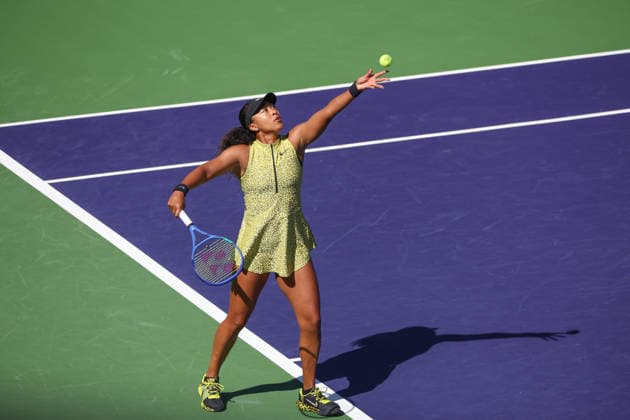 INDIAN WELLS, CA - MARCH 10: Naomi Osaka (JPN) serves during the BNP Paribas Open on March 10, 2026 at Indian Wells Tennis Garden in Indian Wells, CA. (Photo by George Walker Icon Sportswire) TENNIS: MAR 10 BNP Paribas Open EDITORIAL USE ONLY Icon260310016