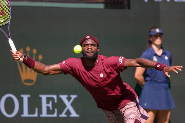 INDIAN WELLS, CA - MARCH 10: Frances Tiafoe (USA) hits a forehand during the BNP Paribas Open on March 10, 2026 at Indian Wells Tennis Garden in Indian Wells, CA. (Photo by George Walker Icon Sportswire) TENNIS: MAR 10 BNP Paribas Open EDITORIAL USE ONLY Icon260310098