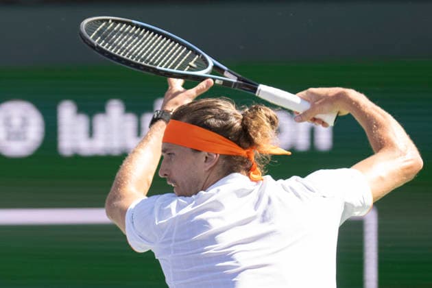 March 10, 2026, Indian Wells, California, USA: ALEXANDER ZVEREV of Germany prepares to hit a forehand against Frances Tiafoe of the United States during their round of 16 match at the BNP Paribas Open at Indian Wells Tennis Garden on March 10, 2026 in Indian Wells, CA. Indian Wells USA - ZUMAl140 20260310_aap_l140_045 Copyright: xShelleyxLiptonx