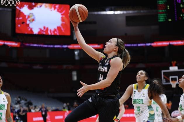 Belgium s Julie Allemand fights for the ball during a basket game between Brazil and Belgium s national team, Nationalteam Belgian Cats, in Wuhan, China, on Wednesday 11 March 2026, the first day (of 5) of the qualifications phase for the World Cup Basket tournament. NIKOLAxKRSTIC  x167121988x