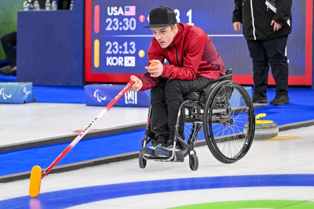 Player of Team Latvia match between Latvia vs Norway during Wheelchair Curling Mixed Team Round Robin Session 9, Olympic Winter games, Winterspiele,Spiele, Summer games Milano-Cortina 2026 in Cortina, Italy, March 11 2026  Copyright: xAlessioxMarini IPAxSportx xipa-agency.netx xx IPA_72703467 IPA_Agency_IPA72703467