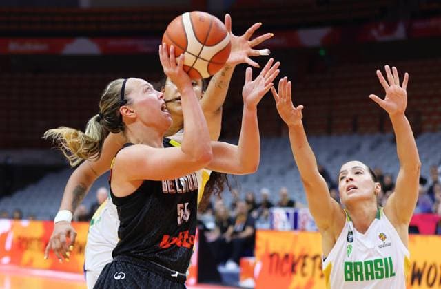 Belgium s Julie Allemand fights for the ball during a basket game between Brazil and Belgium s national team, Nationalteam Belgian Cats, in Wuhan, China, on Wednesday 11 March 2026, the first day (of 5) of the qualifications phase for the World Cup Basket tournament. NIKOLAxKRSTIC  x167124203x