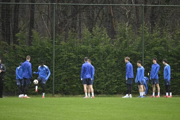 Genk s players pictured during a training session of Belgian soccer team KRC Genk, Wednesday 11 March 2026 in Genk. The team is preparing for tomorrow s match against German Freiburg, the first leg of the 1 16 Finals of the UEFA Europa League tournament. TOM GOYVAERTS TomxGoyvaerts  x167124912x