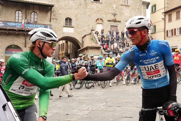Van Der Poel Mathieu Of Alpecin-Premier Tech and Del Toro Romero Isaac Of Uae Team Emirates Xrg during the 221-kilometer Stage 3 of the Tirreno-Adriatico cycling race from Cortona to Magliano de™ Marsi - Italy - Wednesday, March 11, 2026. - cycling .  Copyright: xMassimoxPaolone LaPressex
