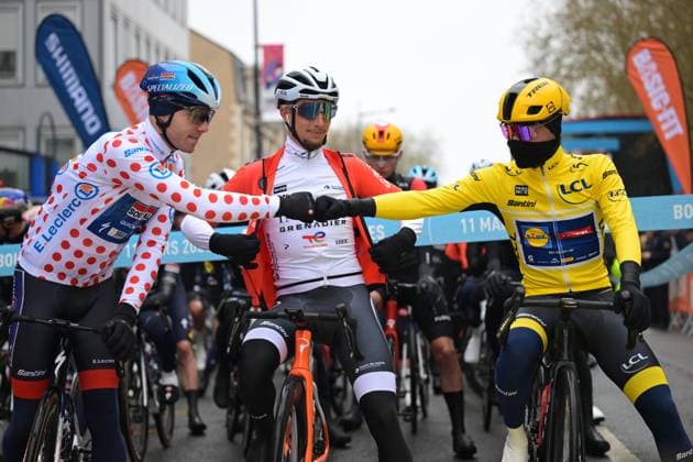 Danish Casper Pedersen of Soudal Quick-Step, French Kevin Vauquelin of INEOS Grenadiers and Spanish Juan Ayuso of Lidl-Trek pictured before the start of the fourth stage of 84th edition of the Paris-Nice cycling race, a race from Bourges to Uchon (195 km), on Wednesday 11 March 2026. DAVIDxPINTENS  x167133538x