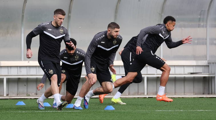 1103 2026, Germany, Stuttgart, Football VfB Stuttgart Training, f l Ermedin Demirovic, Jeff Chabot, Luca Jaquez VfB In accordance with the regulations of the DFL German Football League, it is prohibited to use or have used photographs taken in the stadium and or of the match in the form of sequential images and or video-like photo series