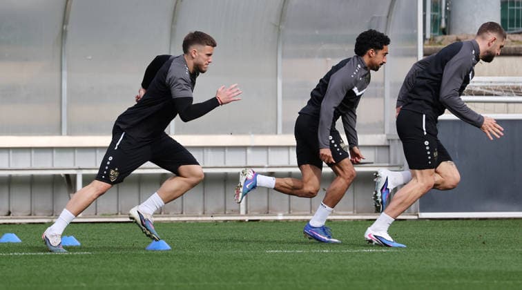 1103 2026, Germany, Stuttgart, Football VfB Stuttgart Training, f l Ermedin Demirovic, Tiago Tomas, Jeff Chabot In accordance with the regulations of the DFL German Football League, it is prohibited to use or have used photographs taken in the stadium and or of the match in the form of sequential images and or video-like photo series