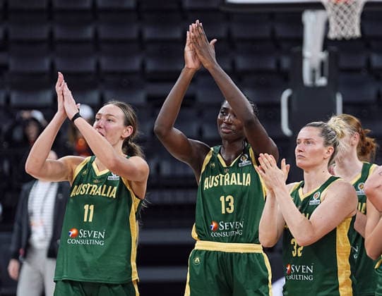 Argentina v Australia - FIBA Women s Basketball World Cup 2026 Qualifying Tournaments ISTANBUL, TURKIYE - MARCH 11: Australia players celebrate their victory after the FIBA Women’s World Cup Qualifiers Group A basketball match between Argentina and Australia at the Turkcell Basketball Development Center in Istanbul, Turkiye, on March 11, 2026. Esra Bilgin Anadolu Istanbul Turkey. Editorial use only. Please get in touch for any other usage.  Copyright: x2026xAnadoluxEsraxBilginx