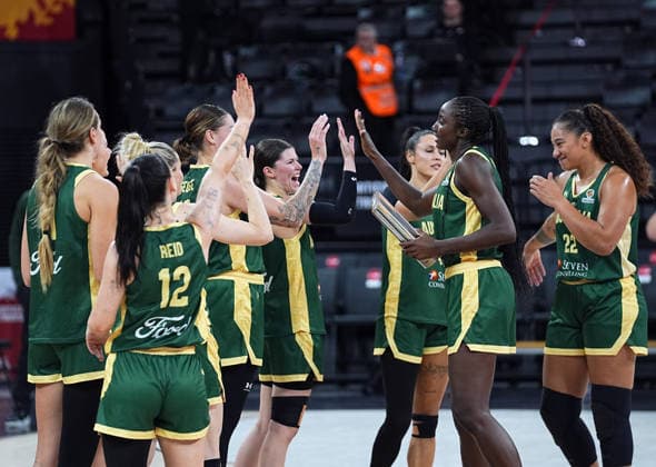 Argentina v Australia - FIBA Women s Basketball World Cup 2026 Qualifying Tournaments ISTANBUL, TURKIYE - MARCH 11: Australia players celebrate their victory after the FIBA Women’s World Cup Qualifiers Group A basketball match between Argentina and Australia at the Turkcell Basketball Development Center in Istanbul, Turkiye, on March 11, 2026. Esra Bilgin Anadolu Istanbul Turkey. Editorial use only. Please get in touch for any other usage.  Copyright: x2026xAnadoluxEsraxBilginx