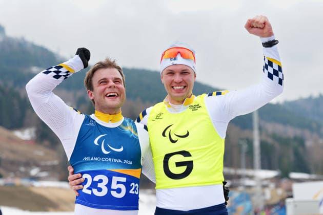 260311 Bronze medalist Zebastian Modin of Sweden celebrate with guide Emil Talsi after the men 10km interval start vision impaired para cross-country skiing during day 5 of the Milano Cortina 2026 Winter Paralympic Games on March 11, 2026 in Val di Fiemme. Photo: Oscar Olsson Swedish Parasport Federation BILDBYRAN kod XY MT1018 skidor cross-country skiing langrenn paralympic games paralympics paralympiska spel paralympiske leker vinter-paralympics winter paralympics milano cortina 2026 milano cortina 2026 winter paralympic games 5 bbeng sverige brons jubel *** 260311 Bronze medalist Zebastian Modin of Sweden celebrate with guide Emil Talsi after the men 10km interval start vision impaired para cross country skiing during day 5 of the Milano Cortina 2026 Winter Paralympic Games on March 11, 2026 in Val di Fiemme Photo Oscar Olsson Swedish Parasport Federation BILDBYRAN code XY MT1018 skiing cross country skiing cross country skiing paralympic games paralympic games paralympiske leker vinter paralympics winter paralympics milano cortina 2026 milano cortina 2026 winter paralympic games 5 bbeng sverige brons jubel  Copyright: OSCARxOLSSON BB260311BB669