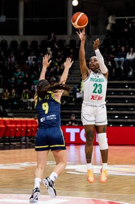 LYON-VILLEURBANNE, FRANCE - MARCH 11: Ezinne Kalu (Nigeria, 23) shoots the ball over Manuela Rios (Colombia, 9) during the FIBA Women™s World Cup Qualifying Tournament match between Nigeria vs. Colombia at Astroballe on matchday 1 of the FIBA Women™s World Cup Qualifying Tournament on March 11, 2026 in Lyon-Villeurbanne, France. France Copyright: xSteffiexWunderlx
