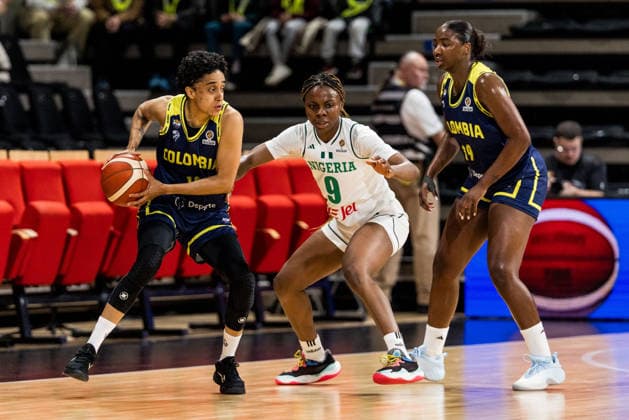 LYON-VILLEURBANNE, FRANCE - MARCH 11: Mabel Martinez (Colombia, 10) controls the ball against Ifunanya Okoro (Nigeria, 9) during the FIBA Women™s World Cup Qualifying Tournament match between Nigeria vs. Colombia at Astroballe on matchday 1 of the FIBA Women™s World Cup Qualifying Tournament on March 11, 2026 in Lyon-Villeurbanne, France. France Copyright: xSteffiexWunderlx