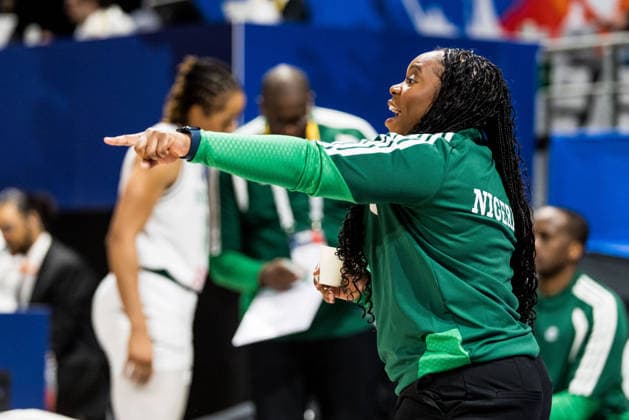 LYON-VILLEURBANNE, FRANCE - MARCH 11: Rena Wakama (Head Coach Nigeria) gestures during the FIBA Women™s World Cup Qualifying Tournament match between Nigeria vs. Colombia at Astroballe on matchday 1 of the FIBA Women™s World Cup Qualifying Tournament on March 11, 2026 in Lyon-Villeurbanne, France. France Copyright: xSteffiexWunderlx