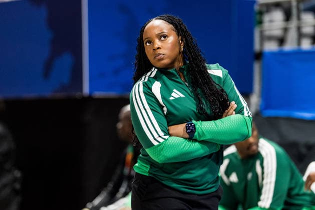 LYON-VILLEURBANNE, FRANCE - MARCH 11: Rena Wakama (Head Coach Nigeria) during the FIBA Women™s World Cup Qualifying Tournament match between Nigeria vs. Colombia at Astroballe on matchday 1 of the FIBA Women™s World Cup Qualifying Tournament on March 11, 2026 in Lyon-Villeurbanne, France. France Copyright: xSteffiexWunderlx