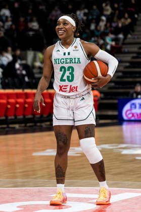 LYON-VILLEURBANNE, FRANCE - MARCH 11: Ezinne Kalu (Nigeria, 23) smiling at the freethrow line during the FIBA Women™s World Cup Qualifying Tournament match between Nigeria vs. Colombia at Astroballe on matchday 1 of the FIBA Women™s World Cup Qualifying Tournament on March 11, 2026 in Lyon-Villeurbanne, France. France Copyright: xSteffiexWunderlx