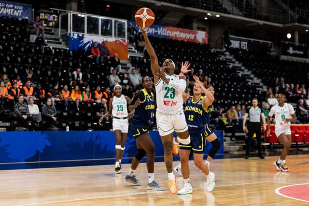 LYON-VILLEURBANNE, FRANCE - MARCH 11: Ezinne Kalu (Nigeria, 23) shoots the ball against Jenifer Munoz (Colombia, 12) defending during the FIBA Women™s World Cup Qualifying Tournament match between Nigeria vs. Colombia at Astroballe on matchday 1 of the FIBA Women™s World Cup Qualifying Tournament on March 11, 2026 in Lyon-Villeurbanne, France. France Copyright: xSteffiexWunderlx