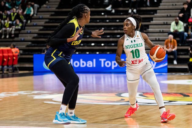 LYON-VILLEURBANNE, FRANCE - MARCH 11: Promise Amukamara (Nigeria, 10) controls the ball during the FIBA Women™s World Cup Qualifying Tournament match between Nigeria vs. Colombia at Astroballe on matchday 1 of the FIBA Women™s World Cup Qualifying Tournament on March 11, 2026 in Lyon-Villeurbanne, France. France Copyright: xSteffiexWunderlx