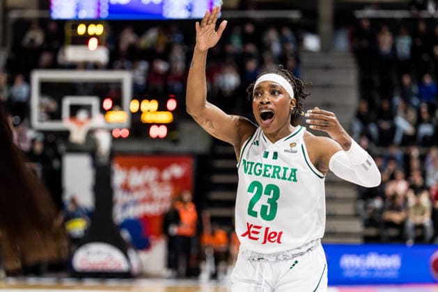 LYON-VILLEURBANNE, FRANCE - MARCH 11: Ezinne Kalu (Nigeria, 23) gestures during the FIBA Women™s World Cup Qualifying Tournament match between Nigeria vs. Colombia at Astroballe on matchday 1 of the FIBA Women™s World Cup Qualifying Tournament on March 11, 2026 in Lyon-Villeurbanne, France. France Copyright: xSteffiexWunderlx