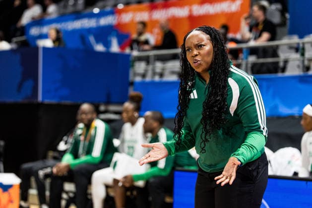 LYON-VILLEURBANNE, FRANCE - MARCH 11: Rena Wakama (Head Coach Nigeria) gestures during the FIBA Women™s World Cup Qualifying Tournament match between Nigeria vs. Colombia at Astroballe on matchday 1 of the FIBA Women™s World Cup Qualifying Tournament on March 11, 2026 in Lyon-Villeurbanne, France. France Copyright: xSteffiexWunderlx