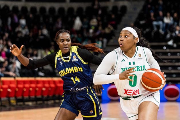 LYON-VILLEURBANNE, FRANCE - MARCH 11: Amy Okonkwo (Nigeria, 0) controls the ball against Marlyn Vente (Colombia, 14) during the FIBA Women™s World Cup Qualifying Tournament match between Nigeria vs. Colombia at Astroballe on matchday 1 of the FIBA Women™s World Cup Qualifying Tournament on March 11, 2026 in Lyon-Villeurbanne, France. France Copyright: xSteffiexWunderlx