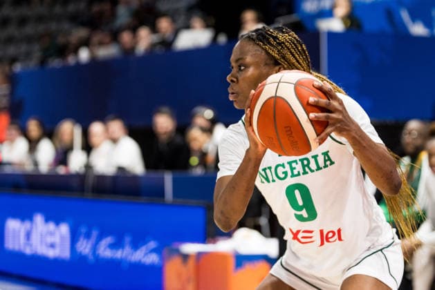 LYON-VILLEURBANNE, FRANCE - MARCH 11: Ifunanya Okoro (Nigeria, 9) with the ball during the FIBA Women™s World Cup Qualifying Tournament match between Nigeria vs. Colombia at Astroballe on matchday 1 of the FIBA Women™s World Cup Qualifying Tournament on March 11, 2026 in Lyon-Villeurbanne, France. France Copyright: xSteffiexWunderlx