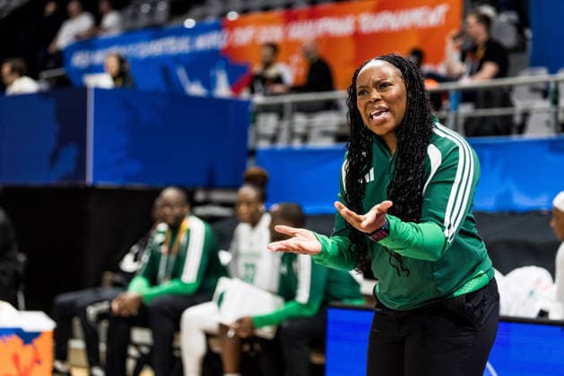 LYON-VILLEURBANNE, FRANCE - MARCH 11: Rena Wakama (Head Coach Nigeria) yelling during the FIBA Women™s World Cup Qualifying Tournament match between Nigeria vs. Colombia at Astroballe on matchday 1 of the FIBA Women™s World Cup Qualifying Tournament on March 11, 2026 in Lyon-Villeurbanne, France. France Copyright: xSteffiexWunderlx