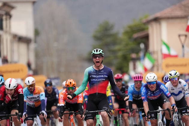 Andresen Tobias Lund Of Decathlon Cma Cgm Team winner on the finish line during the 221-kilometer Stage 3 of the Tirreno-Adriatico cycling race from Cortona to Magliano de™ Marsi - Italy - Wednesday, March 11, 2026. - cycling .  Copyright: xMassimoxPaolone LaPressex