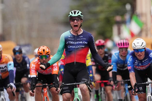 Andresen Tobias Lund Of Decathlon Cma Cgm Team winner on the finish line during the 221-kilometer Stage 3 of the Tirreno-Adriatico cycling race from Cortona to Magliano de™ Marsi - Italy - Wednesday, March 11, 2026. - cycling .  Copyright: xMassimoxPaolone LaPressex