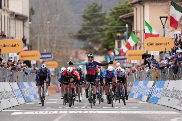 Andresen Tobias Lund Of Decathlon Cma Cgm Team winner on the finish line during the 221-kilometer Stage 3 of the Tirreno-Adriatico cycling race from Cortona to Magliano de™ Marsi - Italy - Wednesday, March 11, 2026. - cycling .  Copyright: xMassimoxPaolone LaPressex