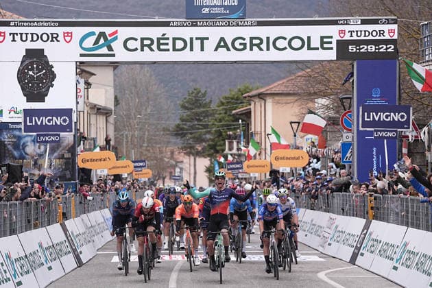 Andresen Tobias Lund Of Decathlon Cma Cgm Team on the finish line during the 221-kilometer Stage 3 of the Tirreno-Adriatico cycling race from Cortona to Magliano de™ Marsi - Italy - Wednesday, March 11, 2026. - cycling .  Copyright: xMarcoxAlpozzi LaPressex