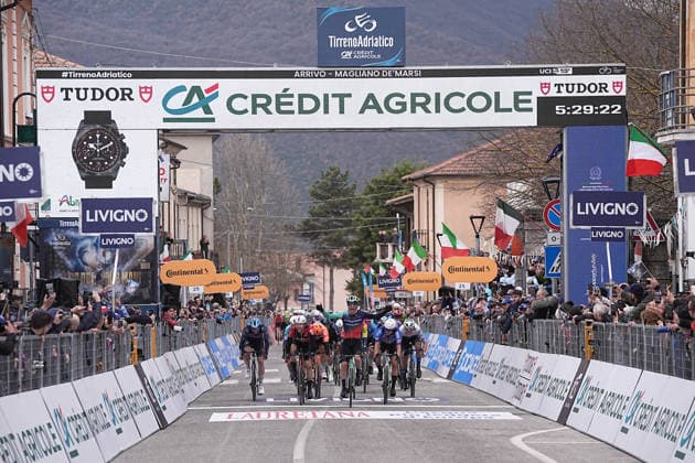 Andresen Tobias Lund Of Decathlon Cma Cgm Team on the finish line winner during the 221-kilometer Stage 3 of the Tirreno-Adriatico cycling race from Cortona to Magliano de™ Marsi - Italy - Wednesday, March 11, 2026. - cycling .  Copyright: xMarcoxAlpozzi LaPressex