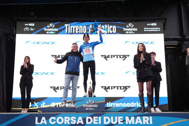 Del Toro Romero Isaac Of Uae Team Emirates Xrg on the podium during the 221-kilometer Stage 3 of the Tirreno-Adriatico cycling race from Cortona to Magliano de™ Marsi - Italy - Wednesday, March 11, 2026. - cycling .  Copyright: xMassimoxPaolone LaPressex