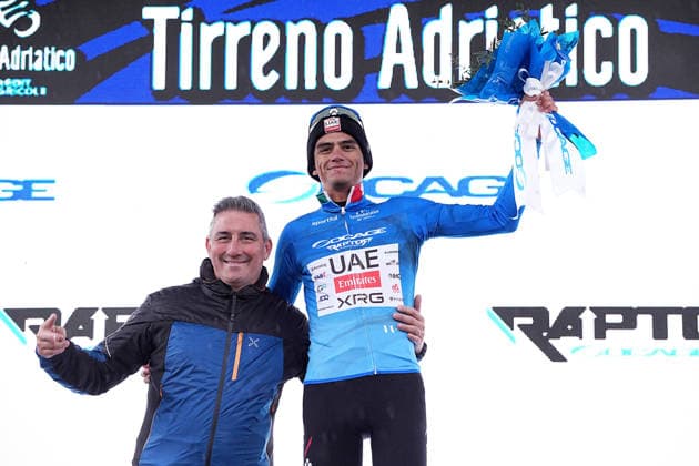 Del Toro Romero Isaac Of Uae Team Emirates Xrg on the podium during the 221-kilometer Stage 3 of the Tirreno-Adriatico cycling race from Cortona to Magliano de™ Marsi - Italy - Wednesday, March 11, 2026. - cycling .  Copyright: xMarcoxAlpozzi LaPressex