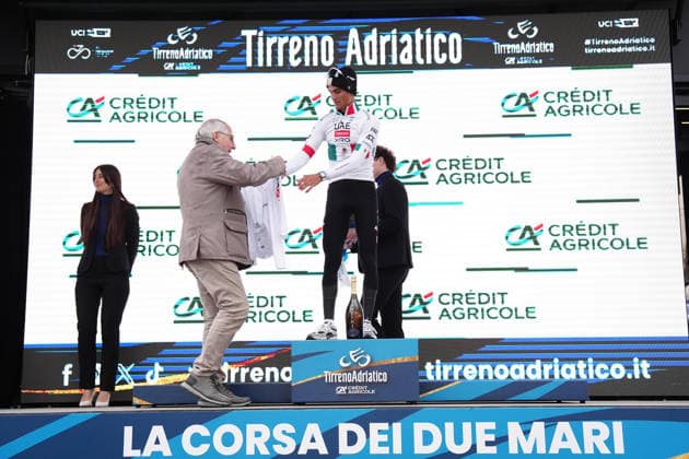 Del Toro Romero Isaac Of Uae Team Emirates Xrg on the podium during the 221-kilometer Stage 3 of the Tirreno-Adriatico cycling race from Cortona to Magliano de™ Marsi - Italy - Wednesday, March 11, 2026. - cycling .  Copyright: xMassimoxPaolone LaPressex