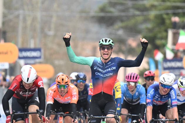 11-03-2026 Tirreno - Adriatico; Tappa 03 Cortona - Magliano De Marsi; 2026, Decathlon - Cma Cgm; 2026, Alpecin - Premier Tech; 2026, Lotto - Intermarche; Andresen Lund, Tobias; Philipsen, Jasper; De Lie, Arnaud; Magliano De Marsi; 