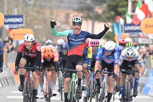 11-03-2026 Tirreno - Adriatico; Tappa 03 Cortona - Magliano De Marsi; 2026, Decathlon - Cma Cgm; 2026, Alpecin - Premier Tech; 2026, Lotto - Intermarche; Andresen Lund, Tobias; Philipsen, Jasper; De Lie, Arnaud; Magliano De Marsi; 