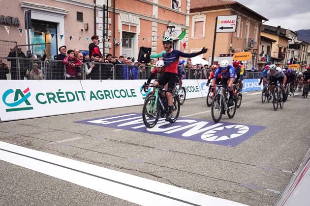 Andresen Tobias Lund Of Decathlon Cma Cgm Team winner on the finish line during the 221-kilometer Stage 3 of the Tirreno-Adriatico cycling race from Cortona to Magliano de™ Marsi - Italy - Wednesday, March 11, 2026. - cycling .  Copyright: xMassimoxPaolone LaPressex