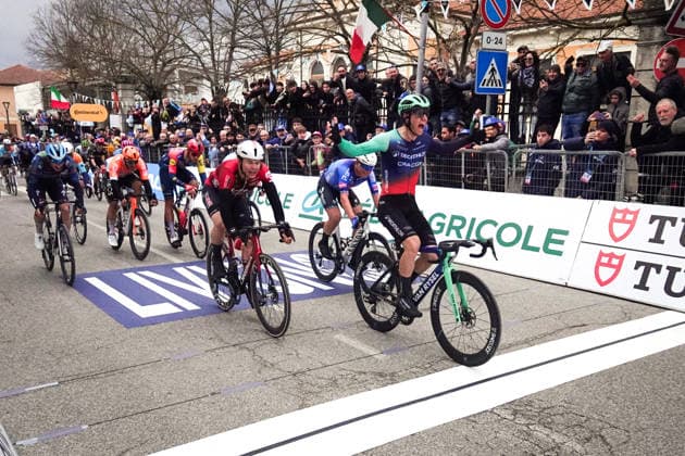 Andresen Tobias Lund Of Decathlon Cma Cgm Team winner on the finish line during the 221-kilometer Stage 3 of the Tirreno-Adriatico cycling race from Cortona to Magliano de™ Marsi - Italy - Wednesday, March 11, 2026. - cycling .  Copyright: xMassimoxPaolone LaPressex