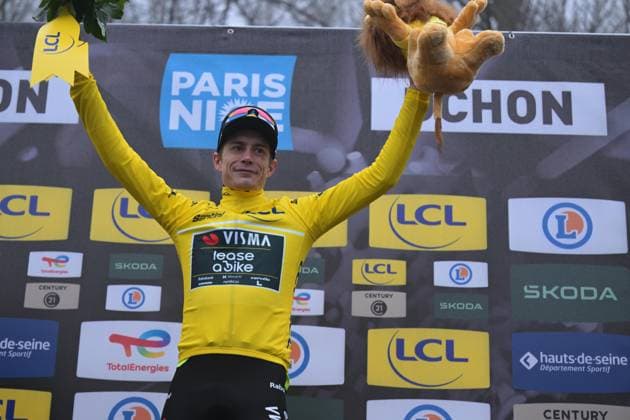 Danish Jonas Vingegaard of Team Visma-Lease a Bike celebrates on the podium after winning the fourth stage of 84th edition of the Paris-Nice cycling race, a race from Bourges to Uchon (195 km), on Wednesday 11 March 2026. DAVIDxPINTENS  x167173840x